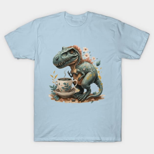 Cute dinosaur drinking coffee gift ideas, dino coffee gift, dinosaur trex having a coffee tshirt kids tee funny tees gift T-Shirt by WeLoveAnimals